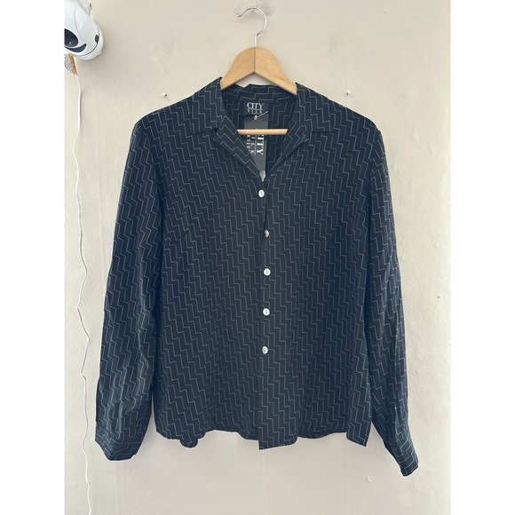 City Silk Tops - VTG City Silk 100% Silk Blouse Size PL Quiet Luxury Patterned Black Deadstock